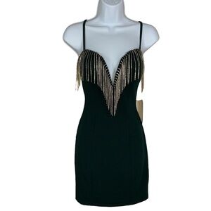 NEW Blāshe Green Rhinestone Tassel Dress Cocktail Party Event Glam Stretch NWT